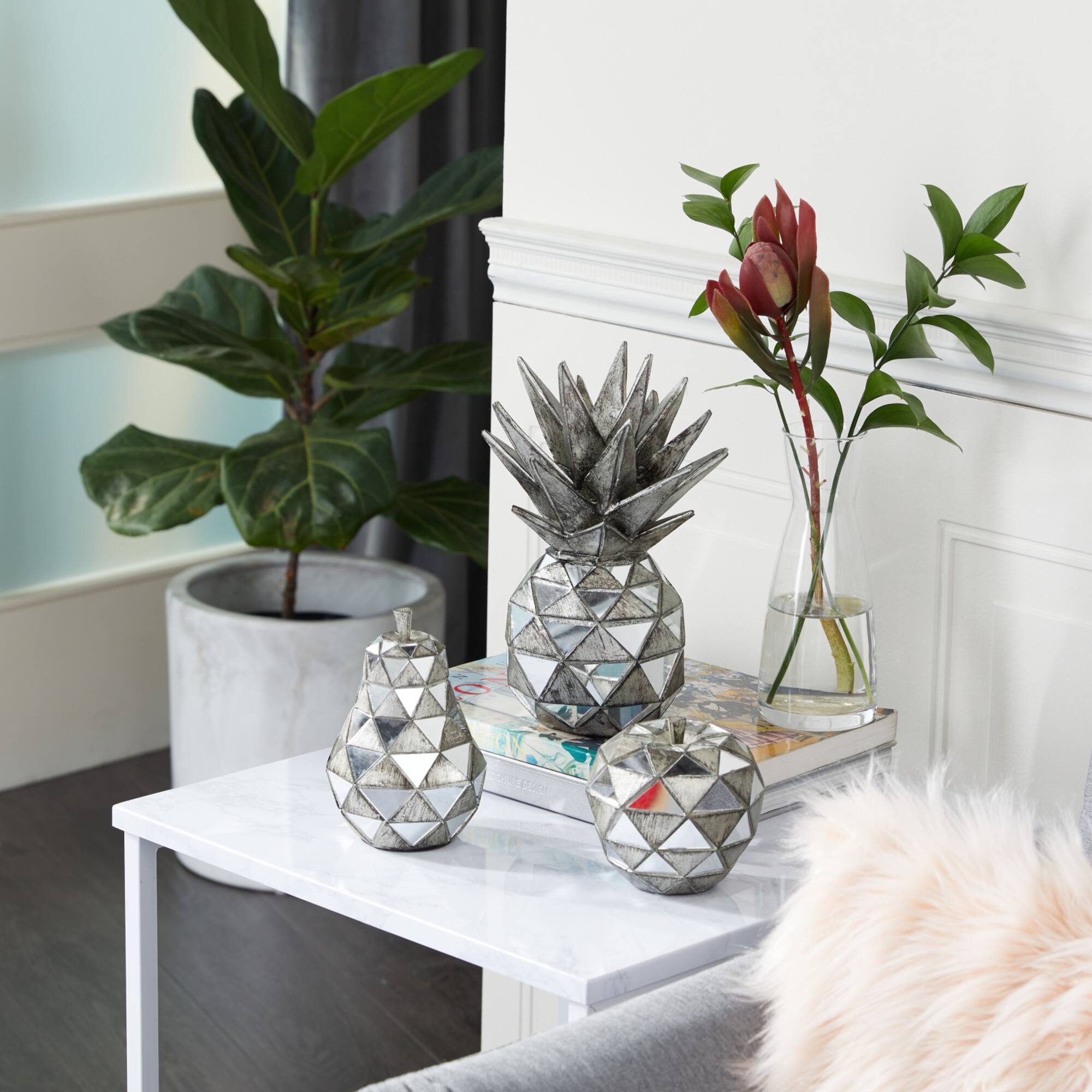 Set of 3 Silver Polystone Contemporary Fruit Sculpture, 4.5", 6.25", 10.5"